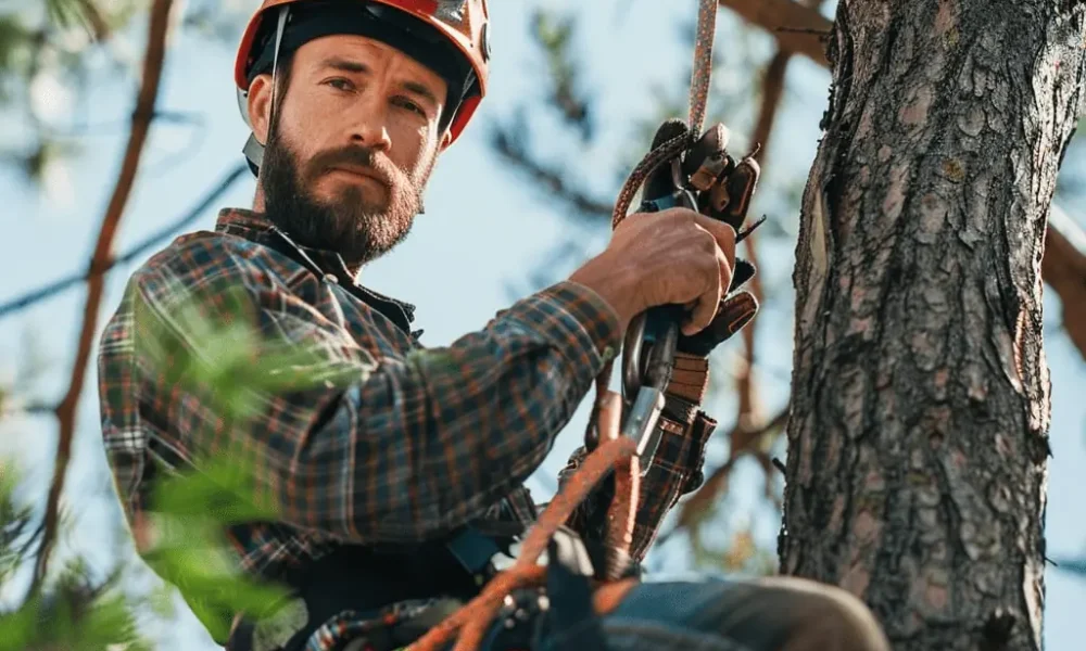 Illustrative arborist wearing a helmet and climbing harness beside a tree, as displayed on the Branchout website.