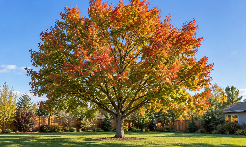 Tree with autumn foliage in an Idaho residential landscape