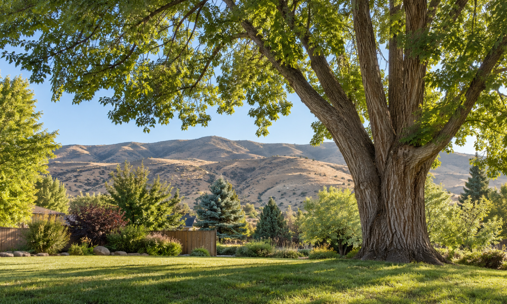 Mature cottonwood tree with Idaho foothills in the background