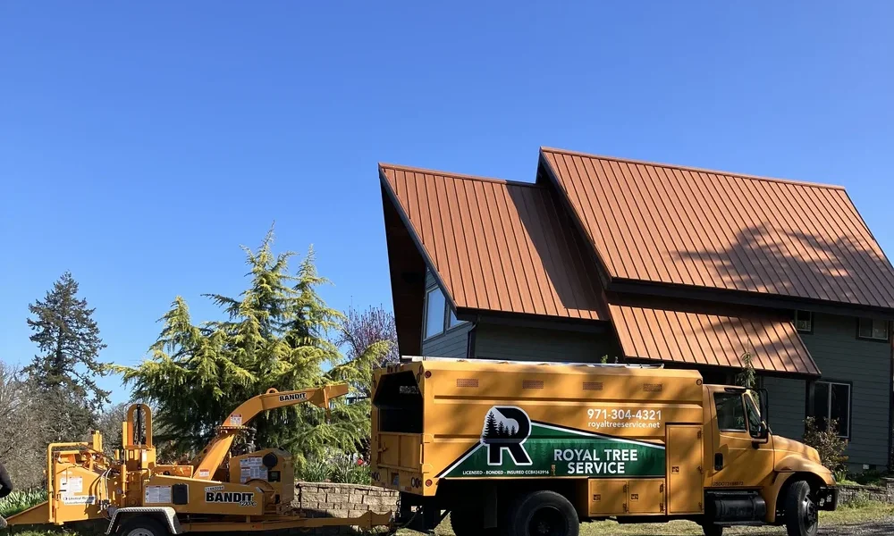 Royal Tree Service company truck and wood chipper beside a home.